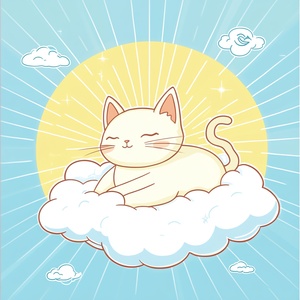 猫狄减压社品牌logo,围绕一个可爱的猫咪形象,猫咪舒适地躺在柔软的云朵上,背景是宁静的蓝天和轻柔的阳光,附有减压主题的元素,例如冥想符号和轻松的字体,色彩以柔和的粉蓝和温暖的黄色为主,传递出放松与愉悦的氛围。