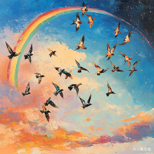 雨后彩虹与飞舞燕子的美丽天空