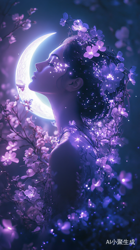梦幻风格的神女与月牙花朵美景