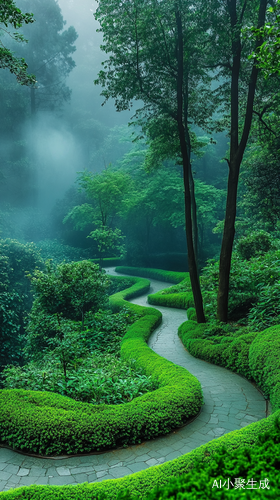 绿色植物园，绿意盎然，蜿蜒小径，烟雾缭绕，氧气充足，治愈，意境，高清摄影