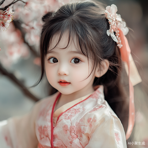 画面聚焦于一位一岁半的中国女娃，采用近景拍摄。她身着一袭精致汉服，汉服以柔软丝绸为料，上绣淡雅粉色桃花，袖口和裙摆有鹅黄色滚边，灵动又可爱。女娃乌黑浓密的头发上，系着一条鲜艳的红丝带，在阳光下闪耀着动人光泽。她那一双水汪汪的大眼睛，有着明显的双眼皮，眼眸如清澈湖水般明亮，灵动的眼神满是对世界的好奇。小巧的鼻子微微翘起，粉嫩的嘴唇如樱桃般娇艳，时不时露出天真无邪的笑容，脸颊上两个浅浅的酒窝仿佛藏着无尽甜蜜。整体画面尽显女娃的娇俏可爱，展现出独特的东方韵味。