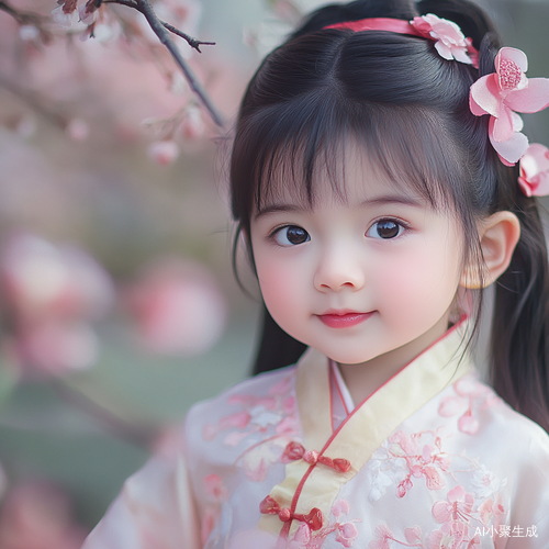 画面聚焦于一位一岁半的中国女娃，采用近景拍摄。她身着一袭精致汉服，汉服以柔软丝绸为料，上绣淡雅粉色桃花，袖口和裙摆有鹅黄色滚边，灵动又可爱。女娃乌黑浓密的头发上，系着一条鲜艳的红丝带，在阳光下闪耀着动人光泽。她那一双水汪汪的大眼睛，有着明显的双眼皮，眼眸如清澈湖水般明亮，灵动的眼神满是对世界的好奇。小巧的鼻子微微翘起，粉嫩的嘴唇如樱桃般娇艳，时不时露出天真无邪的笑容，脸颊上两个浅浅的酒窝仿佛藏着无尽甜蜜。整体画面尽显女娃的娇俏可爱，展现出独特的东方韵味。