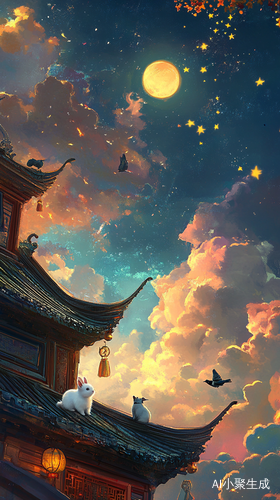 二次元文化，动漫效果，高清，高分辨率，杰作，晴朗的天气，柔和的光线，一只可爱的小白兔，和一只奶牛猫，排排坐在古建筑的屋顶上，周围是彩色的云朵，散落黄色的大五角星，有一只喜鹊停留在屋顶。