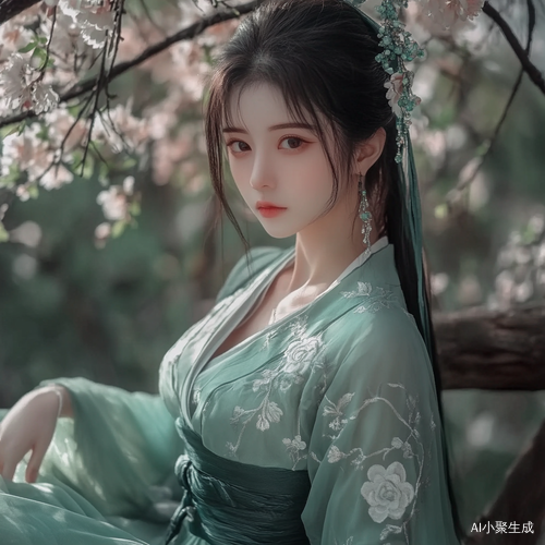 画面中,一位15岁的古代少女亭亭玉立。她身着简约典雅的翠绿色长锦衣,细腻锦缎在光线映照下泛着柔和光泽。衣裳上绣着浅色山茶花,花瓣纹理清晰,似能闻到淡淡清香。深青色腰带勒住纤细腰肢,勾勒出她窈窕身姿。外披的浅绿色纱衣轻盈如雾,环绕着她,更添灵动婉约。她的手上戴着一只温润的翡翠玉镯,碧绿色泽散发迷人光晕。一头乌黑秀发用翠色丝带绾成单螺髻,斜斜插着一只蓝田鱼尾簪。簪上玉石温润,鱼尾造型精致逼真,在发间摇曳生姿,为她的整体造型增添了精致俏皮之感。
