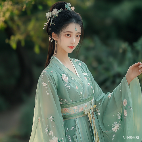 画面中，一位15岁的古代少女亭亭玉立。她身着简约典雅的翠绿色长锦衣，细腻锦缎在光线映照下泛着柔和光泽。衣裳上绣着浅色山茶花，花瓣纹理清晰，似能闻到淡淡清香。深青色腰带勒住纤细腰肢，勾勒出她窈窕身姿。外披的浅绿色纱衣轻盈如雾，环绕着她，更添灵动婉约。她的手上戴着一只温润的翡翠玉镯，碧绿色泽散发迷人光晕。一头乌黑秀发用翠色丝带绾成单螺髻，斜斜插着一只蓝田鱼尾簪。簪上玉石温润，鱼尾造型精致逼真，在发间摇曳生姿，为她的整体造型增添了精致俏皮之感。