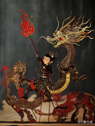 皮影戏，哪吒闹海，画面中梳双髻的儿童哪吒皮影是主题，他三头六臂，手持火尖枪，脚踏烽火轮，腾跃斩龙，龙鳞采用鳞甲镂刻技法，火焰纹与浪花纹交织，暗红与靛蓝撞色，海水呈现半透明磨砂质感，皮影关节处可见传统缀结工艺"，半透明宣纸幕布透出流动琥珀光影，动态皮影展现雕镂工艺细节，阳刻线条呈现丝绸褶皱质感，传统灰调色彩点缀金箔，非物质文化遗产质感，8K 超清纪录片