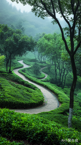 绿色植物园，绿树成荫，绿意盎然，蜿蜒小径，烟雾缭绕，氧气充足，治愈，意境，高清摄影