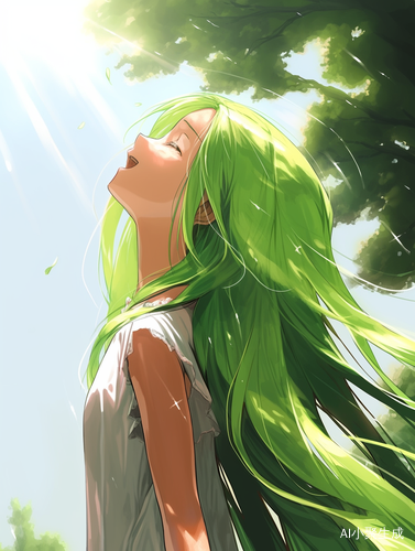 以唯美二次元插画风格呈现，画面中，一位身材高挑、纤细苗条的女孩立于室外。明媚的白天，阳光轻柔洒落，四周一片生机勃勃的绿色。女孩一头柔顺的长发随风轻舞，精致而干净的脸庞上带着一抹浅笑，她微微抬头，目光温柔地看向远方，仿佛在憧憬着什么。此时，几只五彩斑斓的蝴蝶在她身旁翩翩飞舞，轻盈地穿梭于绿色之间，时而停在她的发丝上，时而绕着她的指尖打转。清新的空气里弥漫着花草的芬芳，整个场景宛如一幅梦幻的画卷，充满了宁静与美好的氛围。