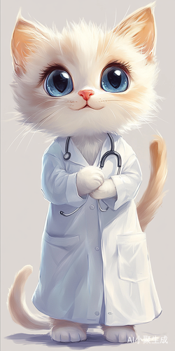 可爱的牛奶猫形象，像个医生一样拟人化两脚站立，穿着医生的白大褂，毛发真实，尾巴灵动，大眼睛，嘴唇略带微笑，作为讲解员那样的角色