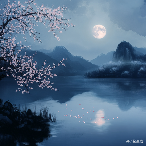 月亮，夜幕下，几株盛开的桃花垂落在湖面上