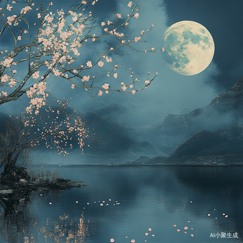 月亮，夜幕下，几株盛开的桃花垂落在湖面上