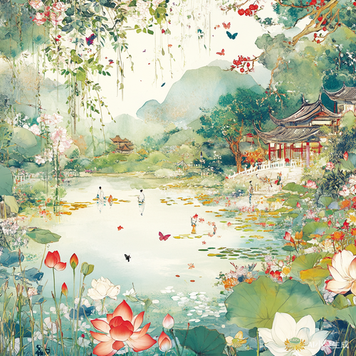 画面的左上角，是一片生机勃勃的春景。嫩绿的新芽爬满枝头，娇艳的花朵竞相绽放，几只彩蝶在花丛中翩翩起舞，微风轻拂，花瓣轻轻飘落。右上角呈现出炎炎夏日，茂盛的树木撑起一片绿荫，清澈的湖水波光粼粼，荷叶田田，荷花亭亭玉立，一位少年在湖边戏水。左下角是金秋之景，金黄的稻田如金色海洋，果实累累的枝头压弯了腰，枫叶似火，飘落一地，宛如一幅绚丽的油画。右下角则是银装素裹的冬天，洁白的雪花纷纷扬扬，红梅傲雪绽放，孩子们在雪地里堆雪人、打雪仗，欢声笑语回荡在天地间。四季之美，在这张图片中完美融合。