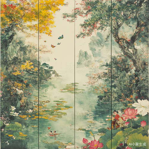画面的左上角,是一片生机勃勃的春景。嫩绿的新芽爬满枝头,娇艳的花朵竞相绽放,几只彩蝶在花丛中翩翩起舞,微风轻拂,花瓣轻轻飘落。右上角呈现出炎炎夏日,茂盛的树木撑起一片绿荫,清澈的湖水波光粼粼,荷叶田田,荷花亭亭玉立,一位少年在湖边戏水。左下角是金秋之景,金黄的稻田如金色海洋,果实累累的枝头压弯了腰,枫叶似火,飘落一地,宛如一幅绚丽的油画。右下角则是银装素裹的冬天,洁白的雪花纷纷扬扬,红梅傲雪绽放,孩子们在雪地里堆雪人、打雪仗,欢声笑语回荡在天地间。四季之美,在这张图片中完美融合。