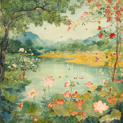 画面的左上角,是一片生机勃勃的春景。嫩绿的新芽爬满枝头,娇艳的花朵竞相绽放,几只彩蝶在花丛中翩翩起舞,微风轻拂,花瓣轻轻飘落。右上角呈现出炎炎夏日,茂盛的树木撑起一片绿荫,清澈的湖水波光粼粼,荷叶田田,荷花亭亭玉立,一位少年在湖边戏水。左下角是金秋之景,金黄的稻田如金色海洋,果实累累的枝头压弯了腰,枫叶似火,飘落一地,宛如一幅绚丽的油画。右下角则是银装素裹的冬天,洁白的雪花纷纷扬扬,红梅傲雪绽放,孩子们在雪地里堆雪人、打雪仗,欢声笑语回荡在天地间。四季之美,在这张图片中完美融合。