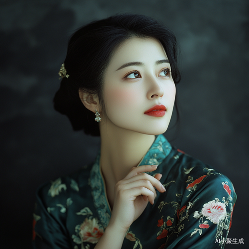 中国美女，坐着半身照片，托腮沉思，明亮的眼睛，黑黑的头发，身着汉服，皮肤象凝脂，脸型喜庆富贵，气质高贵典雅