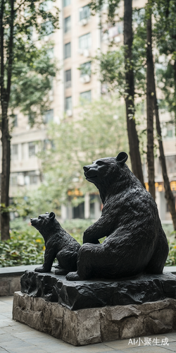 夏天艺术中心大厅外广场上 中年艺术家的 水泥雕塑 石台上大黑熊和小黑熊 水泥色 中式 超真实
