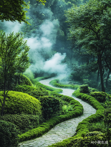 绿色植物园，绿意盎然，蜿蜒小径，烟雾缭绕，氧气充足，治愈，意境，高清摄影