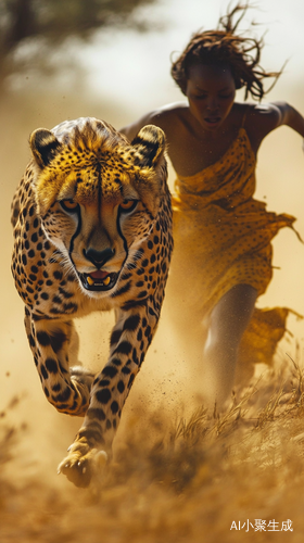 A cheetah sprinting in perfect sync with an African woman, wind swirling, dust rising, motion blur, symbolic of inner power unleashed, wide golden plains ar 9:16 raw v 7 A cheetah sprinting in perfect sync with an African woman, wind swirling, dust rising, motion blur, symbolic of inner power unleashed, wide golden plains ar 9:16 raw v 7