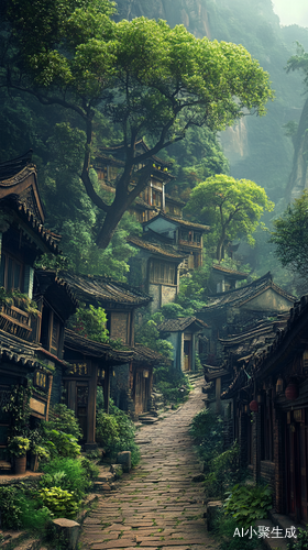 古老村落，巷子，参天大树，绿意盎然，意境，治愈，高清摄影