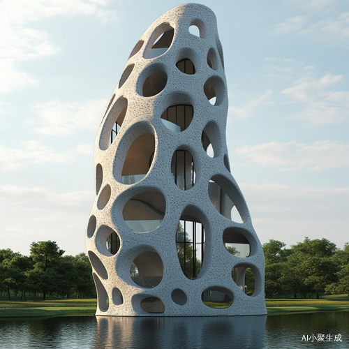 帮我生成一张图片：这是仿生建筑，造型模仿肉苁蓉。以下从多方面分析： 建筑设计 - 外观：以肉苁蓉为蓝本，外观呈流线型、上窄下宽的柱状，表面纹理模拟肉苁蓉表皮，富有自然质感。不规则的椭圆形窗户打破单调，兼具采光与装饰性。 - 材料：推测采用新型材料等可塑性强的材料，方便塑造独特外形，且耐久性好，适合户外环境。 环境融合 - 选址：周边是阿尔山，这类建筑与草原、森林地区地貌适配，与自然景观协调统一，减少对原生态环境破坏。 - 景观搭配：周围的草原及水景，呼应肉苁蓉的特性，进一步强化整体自然风格 。 内部功能 - 空间利用：从窗户可见内部有不同功能分区，合理利用立体空间，满足居住基本需求。 - 采光通风：少量圆形窗户利于自然光进入，节省能源，也有助于空气流通，提升居住舒适度。比例 1:1。