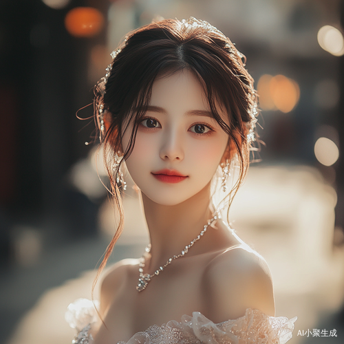 画面呈现一位身着气球礼服裙的现代神女,以正面半身照展现。她有着完美比例的脸蛋,精致的五官,一双灵动的眼睛镶嵌着精致的睫毛,甜美动人且带有卧蚕。微微脸红,嘴角挂着甜美微笑,锁骨精致迷人。一头长发飘飘,发丝顺滑。礼服具有包裹感,凸显出她细腻的肌肤,却不过分暴露。她身姿苗条,身高 180cm,优雅地站立在户外街道上,呈现动态之美。运用大景深效果,营造出电影般的氛围,有丁达尔效应增添梦幻感。采用电影 CG 渲染和电影光,如北条司肖像画般精湛,达到超高清、真实的视觉效果,尽显大师风范,古风韵味融入其中,整体画面细节完美、极端精致。