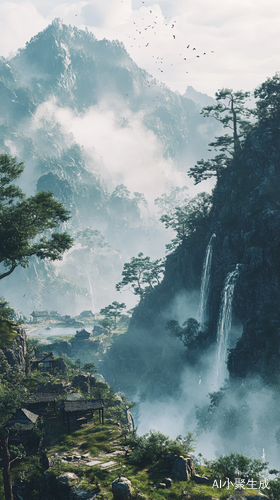 画面中，崇山峻岭连绵起伏，峰峦叠嶂，山间云雾缭绕，如梦如幻。挺拔的松树扎根于悬崖峭壁，枝干苍劲有力，针叶随风轻摆。山间瀑布飞泻而下，溅起层层白色水花，发出清脆悦耳的声响。山脚下，一条清澈的溪流潺潺流淌，溪水波光粼粼，水底的石头和游鱼清晰可见。溪边绿草如茵，野花烂漫，五彩斑斓。不远处，有几间古朴的茅屋错落分布，屋前有袅袅炊烟升起。远处，天空中几缕淡淡的云霞，与青山绿水相互映衬。整个画面展现出中国唐宋山水画那种宁静悠远、意境深邃的独特美感。