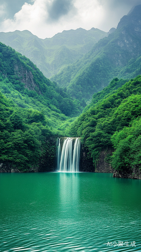 宽阔的湖面，湖水倾泻而下，群山环绕，绿意盎然，绿色背景，治愈，意境，高清摄影