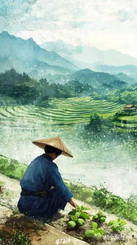 层层叠叠的梯田,犹如大地的鳞片,错落有致地铺展在大地上。一位农夫头戴斗笠,身披蓑衣,正弯着腰专注地插秧。他粗糙的双手熟练地将嫩绿的秧苗插入泥中,每一个动作都充满了对土地的敬畏和对丰收的期盼。细雨如牛毛般纷纷扬扬地飘落,轻柔地浸润着刚插下的秧苗,让它们焕发出勃勃生机。远处的青山在薄雾中若隐若现,仿佛一幅淡墨的山水画。画面的留白处,一枚篆书印章题写着“谷雨”二字,点明了时节,为整个画面增添了几分古朴和诗意。