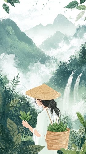 在一片如梦似幻的天地中，墨色如诗般渲染着茶山。轻柔的云雾宛如洁白的纱幔，在山峦间缱绻缭绕，为茶山增添了几分神秘与空灵。一位采茶少女头戴绾着青纱的竹笠，身姿轻盈地穿梭在茶树间。她的双手宛如春日里的柔荑，素净而灵巧，轻轻摘取着雨前的鲜嫩茶芽，动作优雅娴熟。竹篓稳稳地挂在她的腰间，篓中的茶叶鲜嫩欲滴，翠色盈盈，散发着清新的茶香。不远处，山涧中一条飞瀑若隐若现，在云雾的掩映下，溅起的水花如细碎的珍珠，在阳光的折射下闪烁着晶莹的光芒，为这幅画面更添灵动之美。