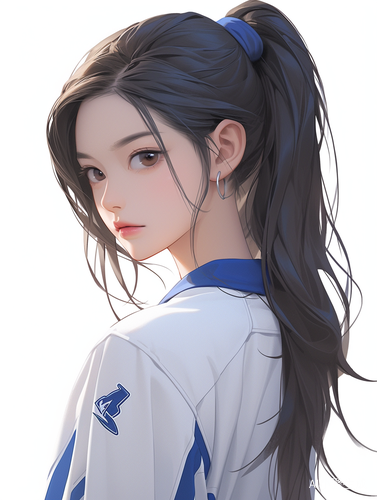 中国现代女孩，穿着中国高中蓝白色运动校服，扎着高马尾，气质清冷