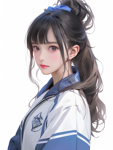 中国现代女孩,穿着中国高中蓝白色运动校服,扎着高马尾,气质清冷