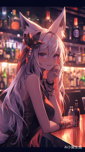 深夜酒吧,氛围感,一个美女喝酒,头戴狐狸耳朵