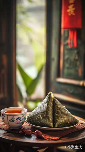 中国佳节端午节,豪华餐厅桌子上了两只三角形的饱满的精致荷叶包着,巨大粽子,旁边有一杯茶,摄影,单反相机作品,现场大师级拍摄,视觉盛宴,艺术感染,亮色光神韵,的氛围,高清32K。视觉引导,HDR,超高清,漂亮简洁,超高分辨率,摄影比赛金奖作品