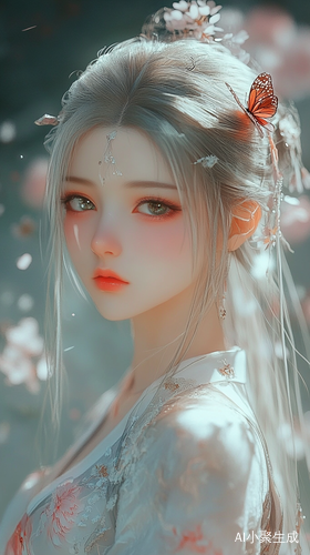 美丽唯美的动漫少女,如SD娃娃精致的妆容,皮肤光滑细腻,漂亮的衣裙,有花朵蝴蝶,光影错落,细节精致,有星光点点,梦幻的风格,柔和的光线照落皮肤上,细腻质感,营造出空灵的气氛和柔和的色调。