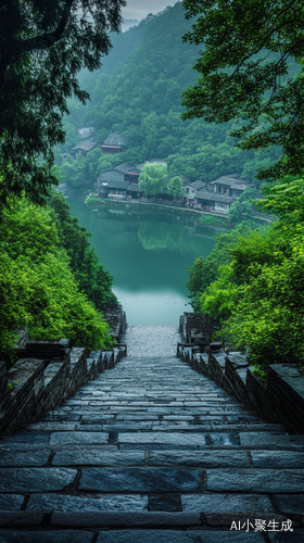 青石台阶通往古村落宽湖面绿意盎然的治愈意境