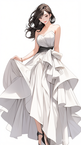 礼服裙,最佳品质,无限细节,最高质量,正面照,现代神女美女柔美,漫画,完美比例脸,脸红,微笑,精致的五官,甜美微笑,精致的眼睛,精致的睫毛美丽的眼睛甜美有卧蚕,精致的锁骨,长发飘飘,顺滑发丝,((礼服:,包裹感,细腻的肌肤,不暴露,动态动作,户外,街道,景深,大景深,完美细节,极端细节,电影CG渲染,电影光,大师作品,丁达尔效应,北条司的肖像画.超高清,真实,苗条,180,站姿,半身照,不漏手,古风