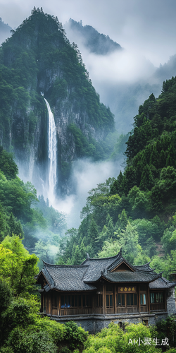 宁静的大山里,雄伟的瀑布从高耸的山峰倾泻而下,宛如一条白色的巨龙。山脚下,一座温馨的乡村木屋矗立在小溪边,周围是郁郁葱葱的森林,清新的空气和悦耳的流水声充满了整个空间,带来治愈的力量。