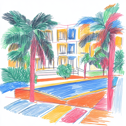 simple bold lines, naive scribbled, coloured crayon drawing, of a hotel, swimming pool, plam trees, white background stylize 500 v 7