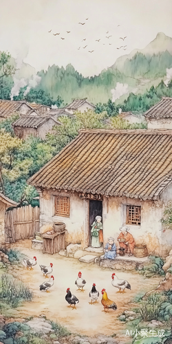 中国田园风格,农村风景视频。一个小院有一间茅草屋。院内有小鸡儿田地。种的自己吃的菜。在院内。有爷爷奶奶在做饭。早上还有公鸡打鸣,骑手。声音嗯门口有一条小溪。小溪里面有几只鸭子在戏水?景色是动感的。人在走路。小狗也在奔跑。楼上冒着烟火气。