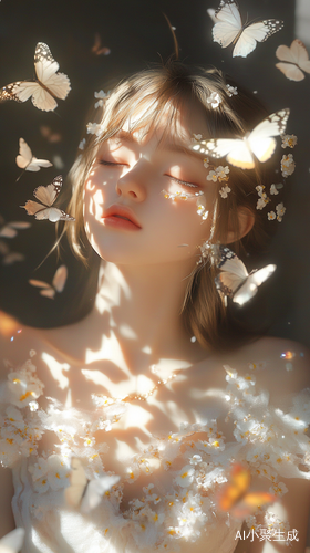 美丽唯美的动漫少女,如SD娃娃精致的妆容,皮肤光滑细腻,漂亮的衣裙,有花朵蝴蝶,光影错落,细节精致,有星光点点,梦幻的风格,柔和的光线照落皮肤上,细腻质感,营造出空灵的气氛和柔和的色调。