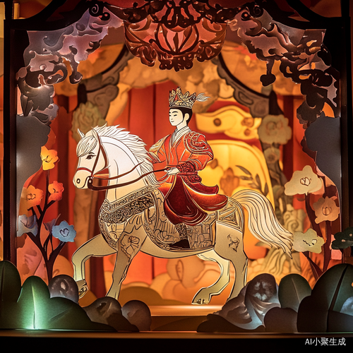 [偷笑R] Shadow play, a character in Journey to the West, Tang Monk rides a white horse, wears a red cassock and a crown, and performs in front of the curtain stage of the shadow play, surrounded by colorful props Paper Cuttings decorations. The entire scene is full of ancient charm and elegance, featuring the focal stacking and cartoon style aesthetic style of Chinese paper art