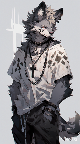 男,少年,furry,鬣狗,灰色斑点皮毛,黑色卫衣,白色短袖,黑色装备裤,金属十字架项链