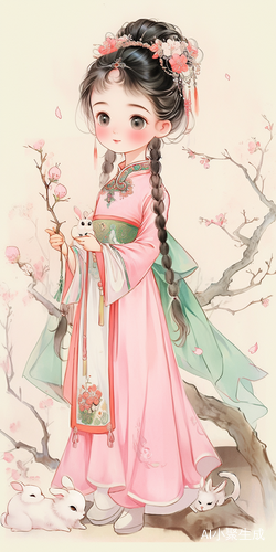 画面呈现浓郁中国风,一位年龄尚小的小女孩掌管着中国四季中的春季。她有着灵动的大眼睛,眼神清澈明亮。头发精心扎起,采用古风编发,增添了几分古韵。小女孩身着新中式短裙,以粉色和绿色为主色调,粉色娇俏可爱,绿色生机勃勃,完美契合春天的气息。服饰上的图案或许是淡雅的桃花、翠绿的柳枝,细节之处尽显精致。书法元素融入其中,木、土、些许水的书法样式,仿佛自然的力量在流转。整体画面清新雅致,小女孩宛如春日精灵,在一片生机盎然中,为世界带来春天的美好与希望。