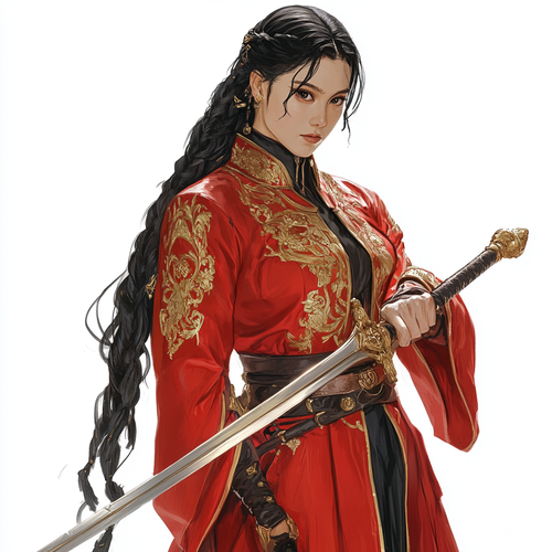 英姿飒爽,长辫子,身穿红袍的女将,黑发黑眸,武器是剑