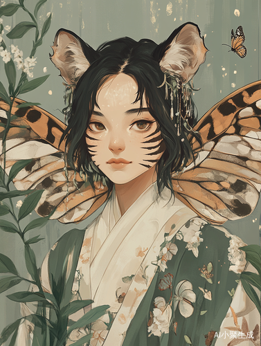 Subject: A gender-neutral anthropomorphic character "YuanZai" with tiger ears and subtle stripe patterns on cheeks, semi-transparent butterfly wings adorned with tribal silver motifs, short layered hair intertwined with vines and blooming flowers, wearing a minimalist linen tunic combining Tujia brocade borders and Miao embroidery patches, neutral earthy color palette of sage green, cream white and indigo, surrounded by floating water droplets and glowing fireflies, soft cel-shading style, clean out