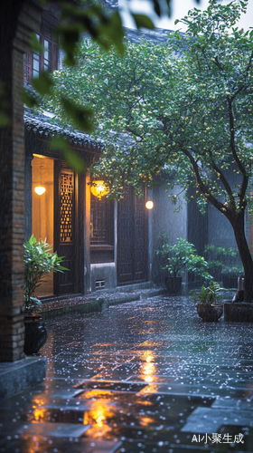 江南的傍晚,一场细雨刚歇。古老的老宅静静伫立,散发着岁月的韵味。院子里,昏黄的灯光如星星点点,在暮霭中闪烁着微弱而温暖的光芒。潮湿的青石板地面,倒映着灯光,泛着粼粼水光,每一块石板的纹理都仿佛诉说着往昔的故事。一棵高大的流苏树,满树繁花如雪,在夜风中轻轻摇曳,细碎的花瓣偶尔飘落,宛如雪花纷飞。空气中弥漫着流苏花淡雅清幽的香气,令人沉醉。此时,泡上一壶清茶,茶香袅袅升腾,与花香交织。在这宁静的小院中,与花草相伴,感受着这份闲适惬意的烟火生活,仿佛时光都慢了下来。