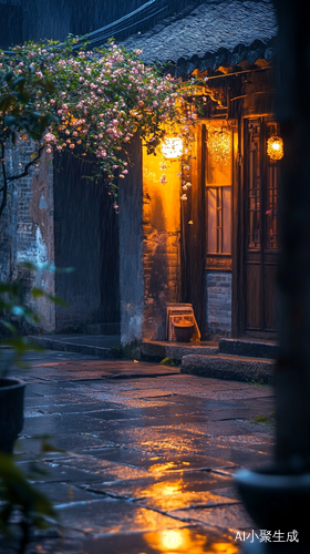 江南的傍晚,一场细雨刚歇。古老的老宅静静伫立,散发着岁月的韵味。院子里,昏黄的灯光如星星点点,在暮霭中闪烁着微弱而温暖的光芒。潮湿的青石板地面,倒映着灯光,泛着粼粼水光,每一块石板的纹理都仿佛诉说着往昔的故事。一棵高大的流苏树,满树繁花如雪,在夜风中轻轻摇曳,细碎的花瓣偶尔飘落,宛如雪花纷飞。空气中弥漫着流苏花淡雅清幽的香气,令人沉醉。此时,泡上一壶清茶,茶香袅袅升腾,与花香交织。在这宁静的小院中,与花草相伴,感受着这份闲适惬意的烟火生活,仿佛时光都慢了下来。