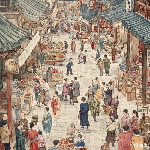 画一幅清朝年代六尺集市热闹的街市工笔人物画,人物包括,小孩老人,客商,店家等人物