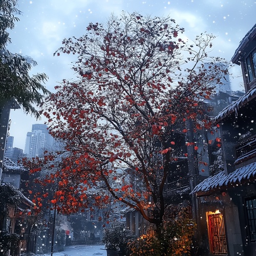 风雪之美树叶冰封瓦房如棍