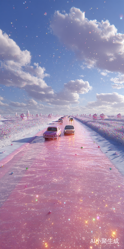画面中，一条巨型粉色棉花糖公路笔直地铺向遥远天际。它Q弹软糯，如同顶级果冻般丝滑透亮，柔和的光泽散发着梦幻氛围，似在轻诉古老的浪漫传说。一支车队沿着公路有序前行，车轮碾过，公路像富有弹性的果冻轻盈回弹，留下半透明的小熊爪印，可爱至极。公路两侧，自带璀璨星尘效果的发光花海美轮美奂，五彩花朵闪烁着微弱而迷人的光，仿佛夜空中洒落的繁星。天空中，巨型棉花糖云朵悠悠飘荡，阳光穿透云隙，在地面投下爱心光斑。每辆车的天窗上，一座彩虹色冰淇淋烟囱优雅伫立，不断冒出草莓味的香甜烟雾，如甜蜜薄纱温柔笼罩，尽显梦幻童趣与魔幻魅力。